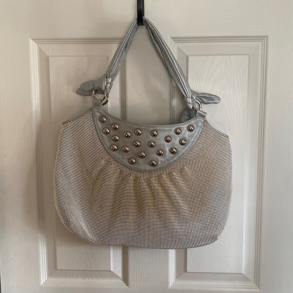 WHITE & DAVIS Vintage Silver Mesh Metallic Gray Leather Studded Shoulder Bag